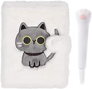 VANVENE Furry Cute Cat Notebook Journal for Girls, Cat Stationary with Ballpoint Pen Set Plush Notebook Journal Cat Paw Pen for Kids Student, Kawaii Stationery Office Supplies