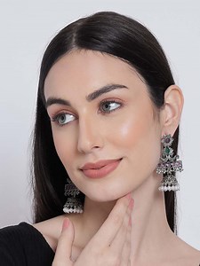 Buy Sangria Pink & Green Silver Plated Stone Studded & Beaded Oxidized Jhumkas -  - Accessories for Women