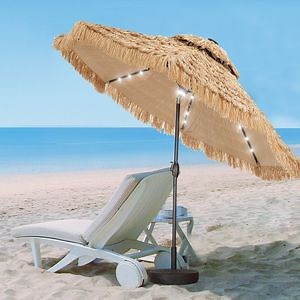 [Hot Item] 2.7m Garden Parasol, Solar-Powered LED Parasol Umbrella, Sun Shade Garden Parasols with Crank for Beach Balcony Deck Outdoors and Pool-Ivory, UV50
