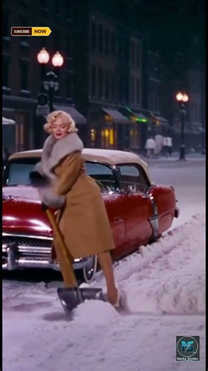 Winter Joy: How a cute girl Clearing Snow Beside a Classic Car ❄️🚗