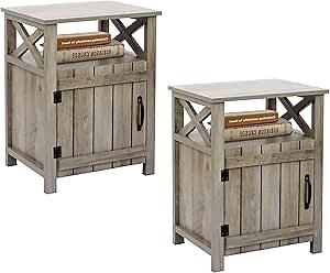 Farmhouse Nightstand Set of 2, Side Table, End Table with Barn Door and Shelf, Rustic Farmhouse Nightstands Set, Modern Bed Side Table End Table Night Stand for Bedroom, Living Room