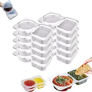 10Pcs Double Compartment Condiment Container With Lids, Reusable Snack Container, Disposable Snack Containers, for Dip, Sauce, Sampling and Travel Snacks