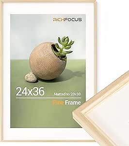 RICHFOCUS 24x36 Poster Frame Matted to 20x30 Photo Natural Solid Pine Wood 24 by 36 Picture Frame with Tempered Glass - Gallery Wall Mount Display Artwork