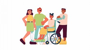 Young people with disabilities 2D animation. Diverse group 4K video motion graphic. Disabled adults community. Social rehab. Disability friendship color animated cartoon flat concept, white background