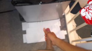 Exploding huge cum against a fridge