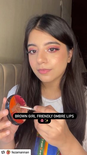 how to achieve this brown girl friendly ombre lip combo!!⬇️⬇️ step 1: line and fill your lips with any brown/ nude lip pencil/stick and blend it evenly 530 step 2: take a darker red/pink shade and fill the centre of ur lips with it & you’re good to go!! BROWN GIRL FRIENDLY OMBRE LIPS 13 that’s all it takes to achieve this gorg lip combo i used @glamgirlzbymahwish lip palette💄❤️ follow @fezamannan for more!! and for appointments dm on DLY OMBRE LIPS 13 @fezamannanstudio #ombre #browngirl #*ombre