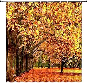 Fall Forest Nature Shower Curtain Maple Tree Forest Autumn Fallen Leaves Landscape Romantic Scenery Bath Fabric Curtain Sets with Hooks,Orange Yellow