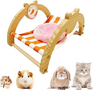 Guinea Pig Bedding, Small Animal Houses & Habitats with Cute Mirror and Cushion, Accessories for Rabbit Hedgehog Ferret Kitten, Cozy Hamsters Sleep Bed and Wood Toys