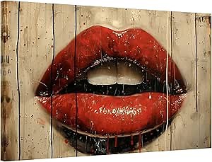 Sexy Red Lips Wall Art - Abstract Lip Canvas Painting Vintage Trendy Preppy Girls Bedroom Wall Decor Fashion Mouth Prints Picture Beige Poster for Bathroom Powder Room Home Decor, 18"x 24" Framed