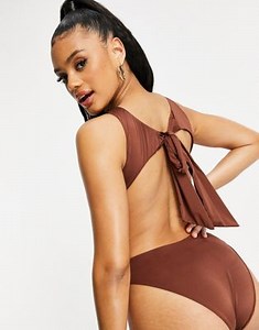 ASOS DESIGN tie back high neck swimsuit in chocolate brown | ASOS