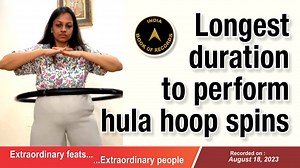 3 comments | Longest duration to perform hula hoop spins The record for performing hula hoop spins for the longest duration was set by Ankita Agarwal of Kamrup, Assam. She performed 11,768 hula hoop spins around her waist non-stop for 1 hour, 22 minutes and 6 seconds. #indiabookofrecords #hulahoop #hulahoopspins #hulahooping #hulahooper #recordholders #assam | India Book of Records | Facebook