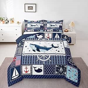 Sea Whale Full Size Comforter Set,Nautical Anchor Ship Rudder Plaid Bedding Comforters Bedroom Collection,Navy Blue Ocean Geometric Bedding Set for Girls Teens