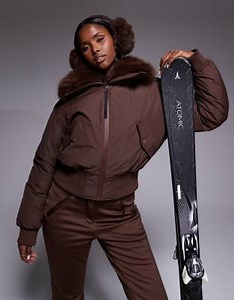 ASOS 4505 Ski cropped bomber jacket with faux-fur collar in coffee | ASOS