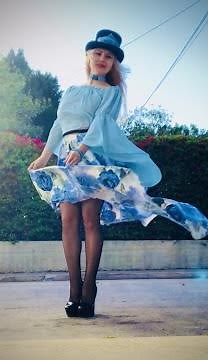 Long Blue Rose skirt in wind