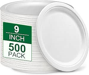 Disposable Paper Plates 9 inch, 200 Pack White Paper Plates Bulk, Eco Friendly Biodegradable Compostable Plates, Sturdy Dinner Paper Plates Heavy Duty for Party Wedding