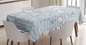 Ambesonne Nautical Tablecloth, Marine Theme Various Fish and Aquatic Animals on Pastel Tones Waves, Rectangular Table Cover for Dining Room Kitchen Decor, 52" X 70", Pale Blue White