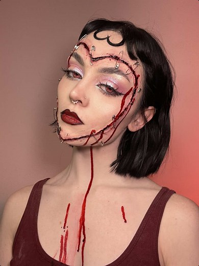 Creative Safety Pin Heart Makeup for Halloween