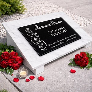 Marble and granite grave marker, 40 x 30 cm, urn gravestone with motif and engraving, with supports, urn flat marker ND51