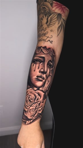 Revoh Tattoos | Custom Virgin Mary With Rose and Cursive “F” tattoo from yesterday🔥🙌🏼 Would love to do more of these if anyone is interested shoot me a dm... | Instagram