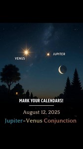 🌌 August 12, 2025 – Jupiter–Venus Conjunction 🌌 Get ready for one of the most dazzling planetary pairings of the year! On the night of August 12, 2025, Jupiter and Venus will appear side by side in the evening sky, creating a brilliant celestial “double star” effect visible to the naked eye. 🔭 What You’ll See: Venus, the brightest planet in our night sky, will shine like a sparkling gem right next to Jupiter, the largest planet in our solar system. This close alignment happens because of thei