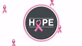 Animation of multiple pink ribbon logo falling over hope text...