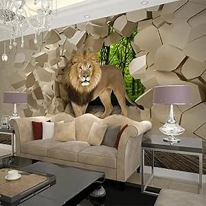 Custom Size Wall Murals,Stereo Lion Broken Wall，Removable Peel and Stick Self-Adhesive Wall Murals Large Photo Wallpaper