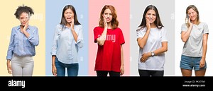 Collage of hispanic, african american, asian, indian women over vintage color background touching mouth with hand with painful expression because of t Stock Photo - Alamy
