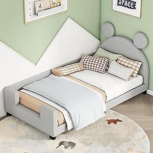 Bellemave PU Leather Twin Daybed Frame with Headboard and Footboard, Kids Daybed Twin Size, Twin Daybed with Mickey Mouse Ears Shaped Headboard and Slats, Gray Daybed Twin Size, GZZ000095MLE