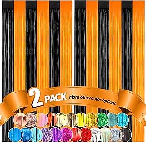 Black and Orange Foil Fringe Curtain, Pack of 2 | Black and Orange Streamers, Halloween Decorations, Orange and Black Fringe Party Streamer for Halloween Party Decorations