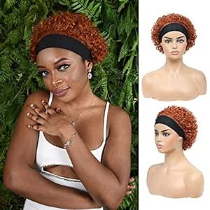 Reddish Brown Wig Short Curly Headband Wig Human Hair for Black Women Pixie Cut Curly Bob Wig Glueless Half Wigs 150% Density 350 6 Inch… (6inch, 350)