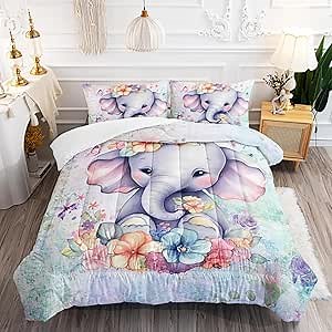 AILONEN Girls Cute Baby Elephant Bedding Set, Twin Size, Kawaii Little Sitting Elephant and Cartoon Flower Duvet Set, 3 Pieces, 1 Quilt and 2 Pillowcases