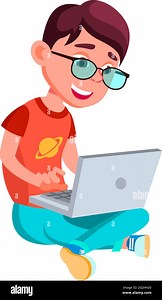 happy preteen boy sitting in garden and watching funny video on notebook cartoon vector Stock Vector Image & Art - Alamy