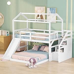 Twin Over Full House Bunk Bed with Stairs and Slide Wood Low Bunk Bed with Storage Staircase Fun Playhouse Bunked Frame for Kids Boys Girls Teens, White