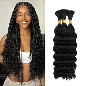 Deep Wave Human Braiding Hair for Boho Braids – 14 Inch 120g 3 Bundles/Pack Natural Black, 100% Unprocessed 12A Brazilian Virgin Hair Bulk, No Weft, Wet & Wavy Curly Knotless Extensions