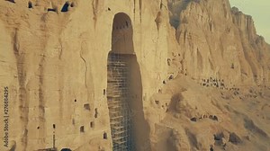Bamiyan Buddha caves, Bamiyan province, Afghanistan. Now giant Buddha statues blown up by the Taliban, and restored by Afghan authorities. (aerial photography)