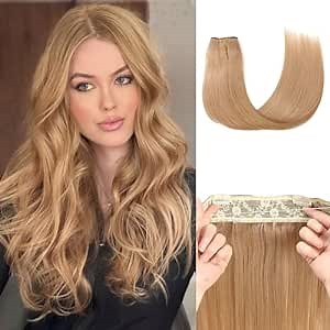 Star Show Wire Hair Human Hair Extensions, Caramel Blonde Remy Hair Extensions with Invisible Wire Fish Line Straight Real Human Flip Hair Extensions (12 inch, Caramel Blonde #27)