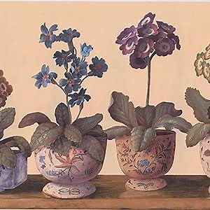Concord WALLCOVERINGS ™ Potted Primula Flowers Wallpaper Border, 9.25" x 15' Classic Potted Primula Plants, Traditional Home Decor, Beige Background with Prepasted Easy Install #RG3878B - Amazon.com