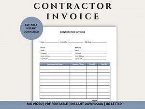 Contractor Invoice Template | Editable in MS WORD | Printable PDF | Instant Download - Etsy Canada