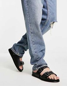London Rebel leather studded buckle sliders in black | ASOS