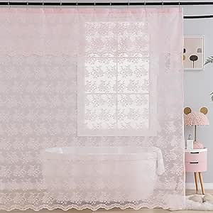TUDECO Pink Lace Shower Curtain Long 84 Inch with Attached Valance, Floral Cute Girly 72x84 Inch Shower Curtain for Bathroom Modern Farmhouse Boho Bathroom Curtains, 72W x84 L, Pink