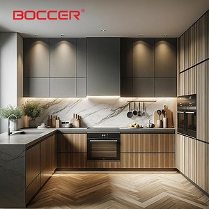 [Hot Item] Matte Gray and Black Multi-Layer Plywood Kitchen Cabinet with Collision-Free Hinges