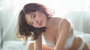 selfie shot of a pretty allure young Asian woman wearing tank top at home smiling to camera