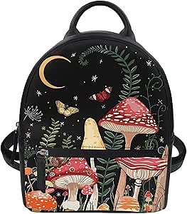 Showudesigns Mushroom Mini Backpack Purse for Women Teen Girls Shoulder Bag Butterfly Moon Night Daypack Small Travel Shopping Bag Handbag Tote Black