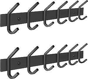 Matte Black Coat Rack Wall Mount – 17 Inch Stainless Steel Hook Rail with 6 Double Coat Hooks – Wall Mounted Entryway Organizer for Coats, Hats, Bags, Towels, Robes, Closet or Bathroom - 2 Pack