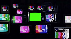 Old TV Green Screen and Many Retro TVs with Color Bars.