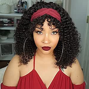 LUVME HAIR Deep Wave Headband Wig With Bangs Curly Wig Human Hair For Women Glueless Natural Black 20 Inch