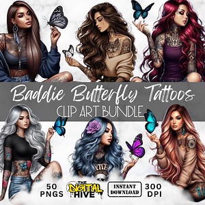 Bad Ass Girl Butterfly Clip Art, Girl With Tattoos Art, Commercial Use Clip Art, Create Your Own Designs, Sublimation, Personalize Designs - Etsy