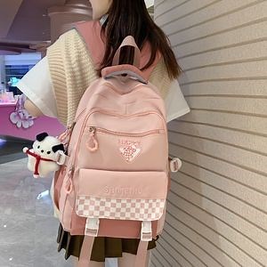 [Hot Item] Girls' Contrasting Color Backpack Ins Korean Version Forest Style Checkered Backpack for Middle and High School Students