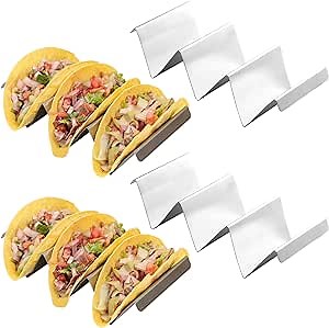Taco Holders Set of 4 - Premium Stainless Steel Taco Stand Rack with Handles, Perfect for Taco Tuesday and Mexican Fiesta Parties，Oven Safe for Baking, Dishwasher and Grill Safe