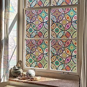 Simon&Siff Stained Glass Window Privacy Film - Non-Adhesive, Frosted, Static Cling Decorative Film for Home - Anti UV, 17.3" x 78.7"